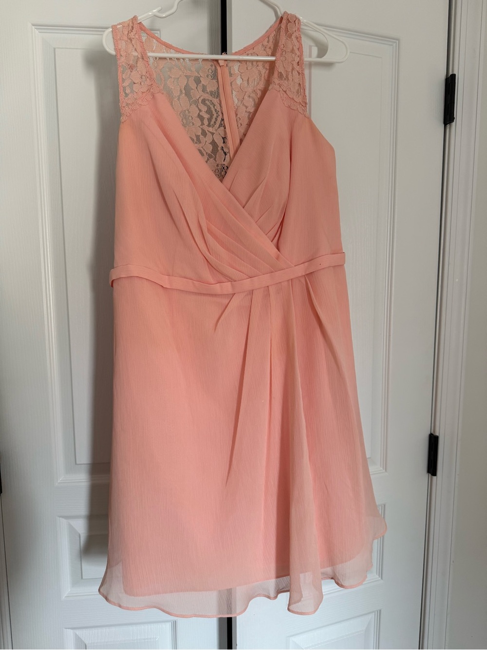 David's Bridal Peach Lace-Back Mini Dress